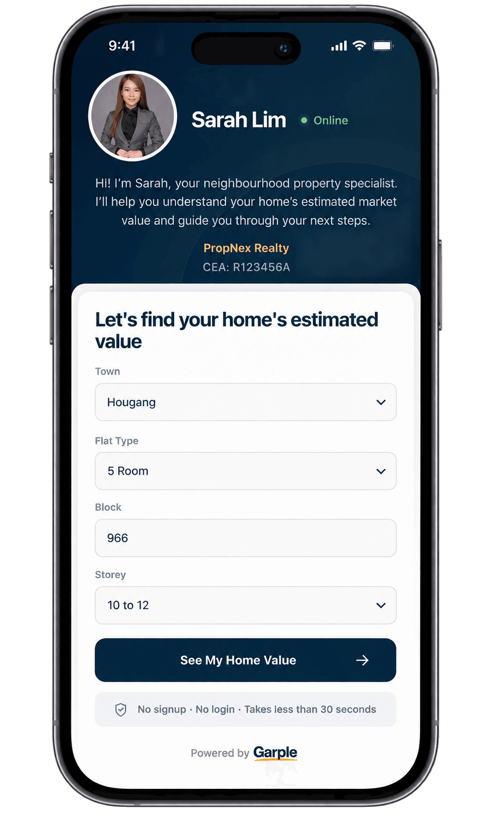 Sarah Lim's branded Garple homeowner valuation page